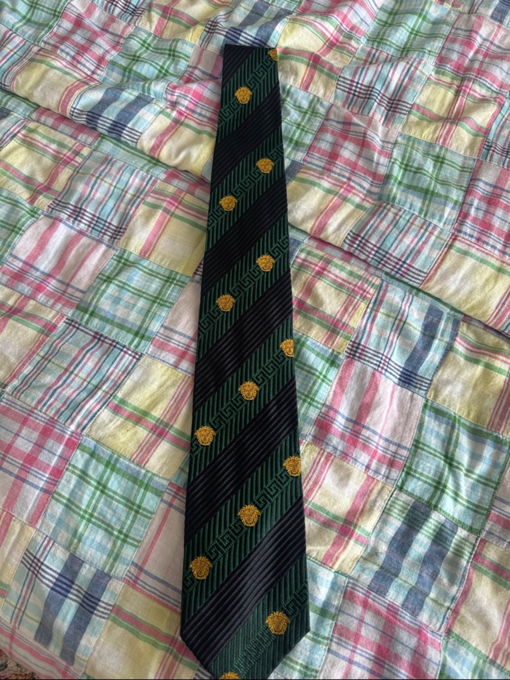 Versace  Men's Green and Black Striped Tie with Gold Medusa Accents Vintage
